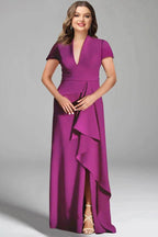 Elegant Sheath Column V Neck Short Sleeves Floor Length Mother of the Bride Dress