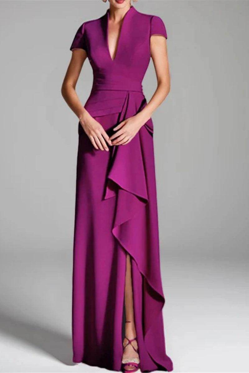 Elegant Sheath Column V Neck Short Sleeves Floor Length Mother of the Bride Dress