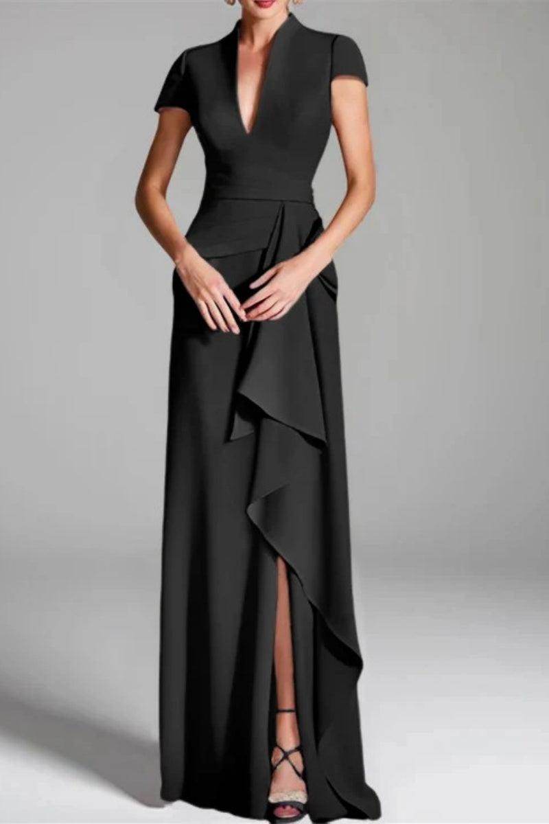 Elegant Sheath Column V Neck Short Sleeves Floor Length Mother of the Bride Dress