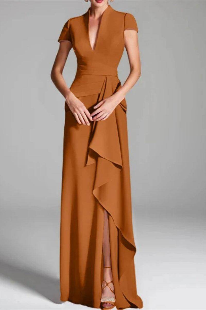 Elegant Sheath Column V Neck Short Sleeves Floor Length Mother of the Bride Dress