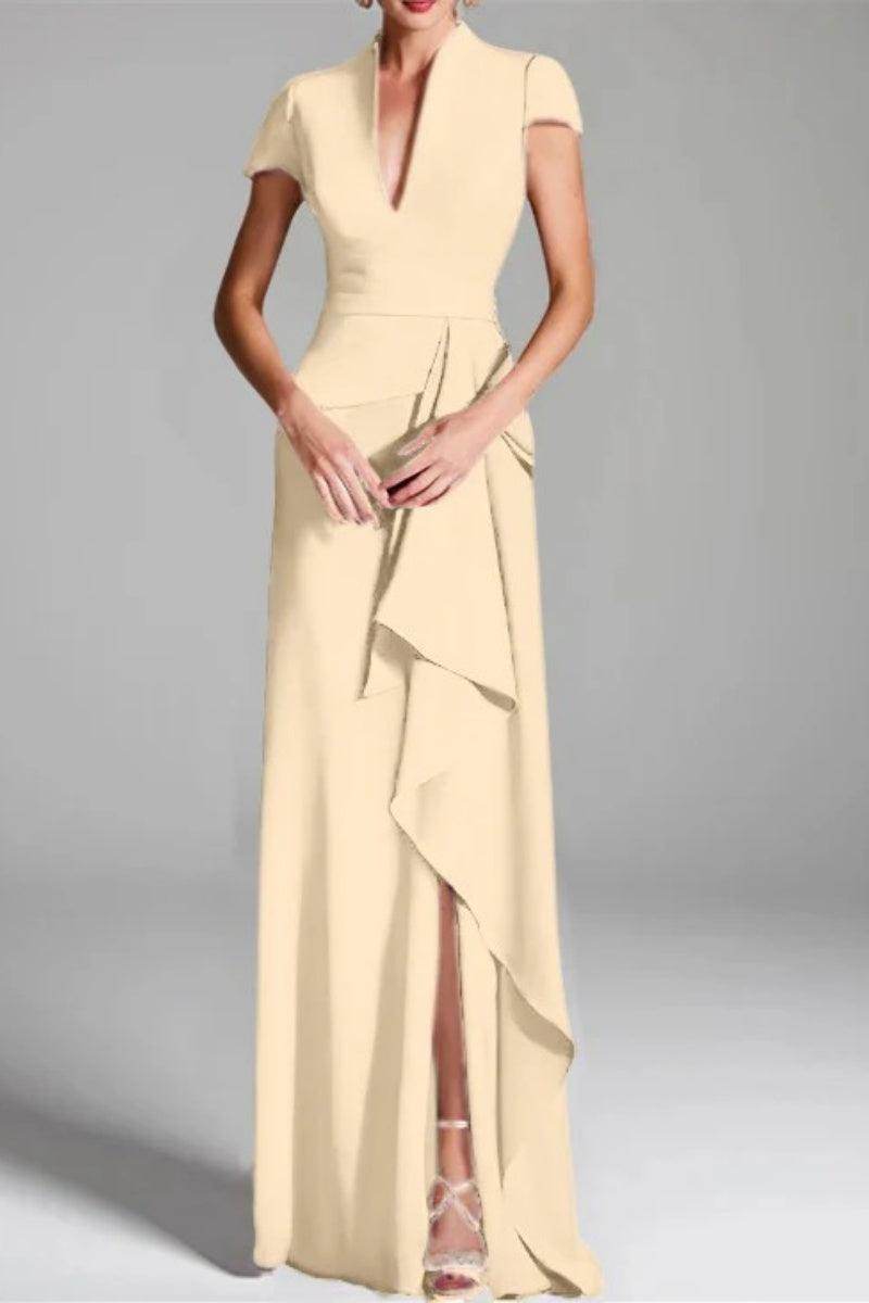 Elegant Sheath Column V Neck Short Sleeves Floor Length Mother of the Bride Dress