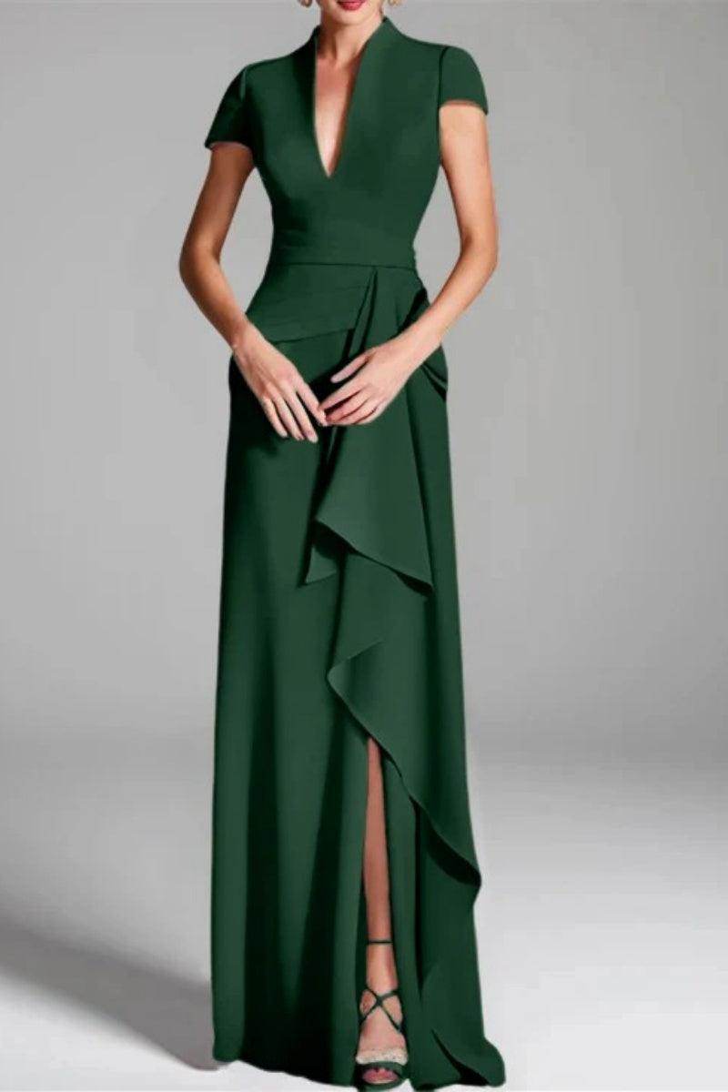 Elegant Sheath Column V Neck Short Sleeves Floor Length Mother of the Bride Dress