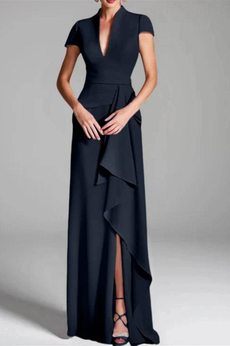 Elegant Sheath Column V Neck Short Sleeves Floor Length Mother of the Bride Dress