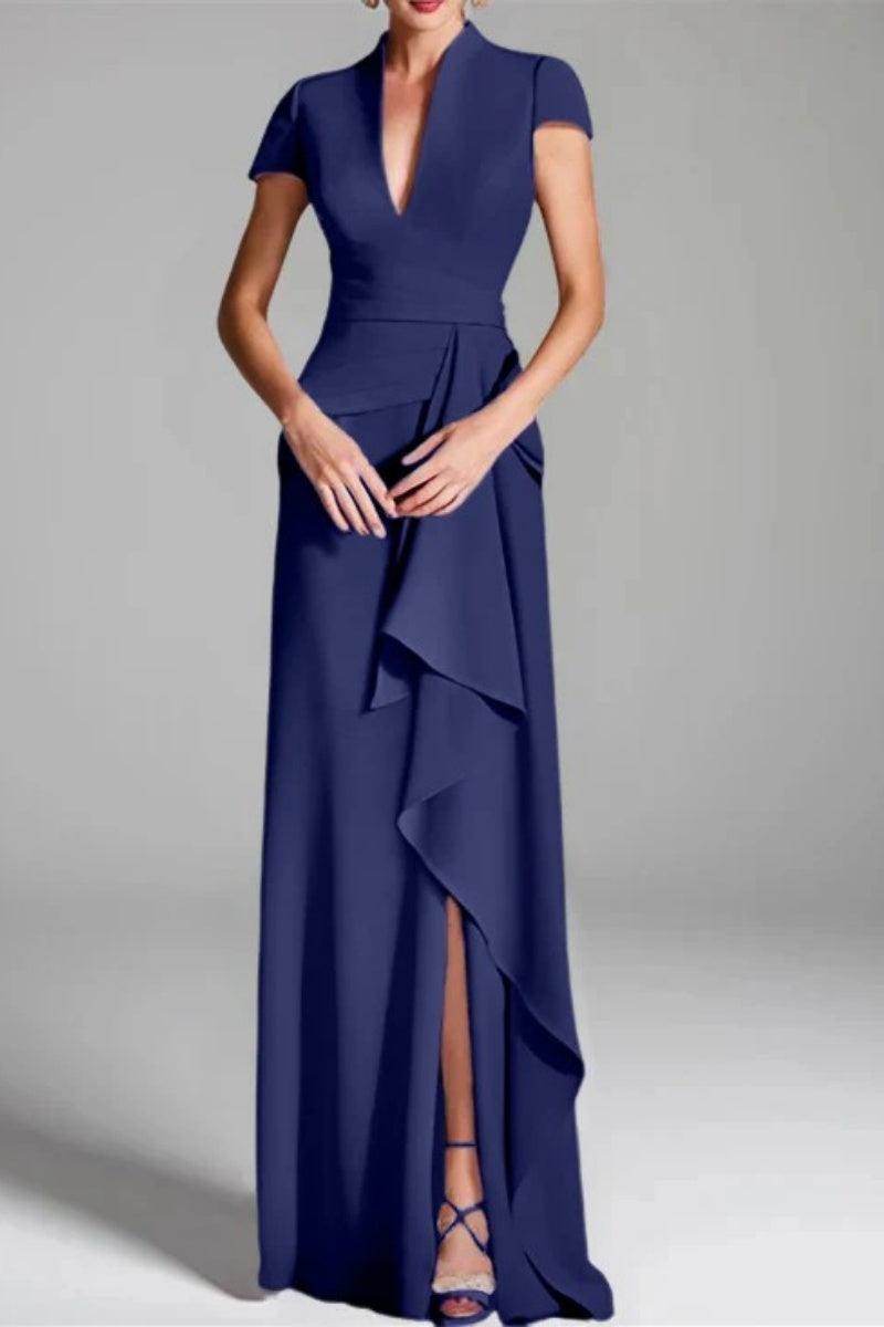 Elegant Sheath Column V Neck Short Sleeves Floor Length Mother of the Bride Dress