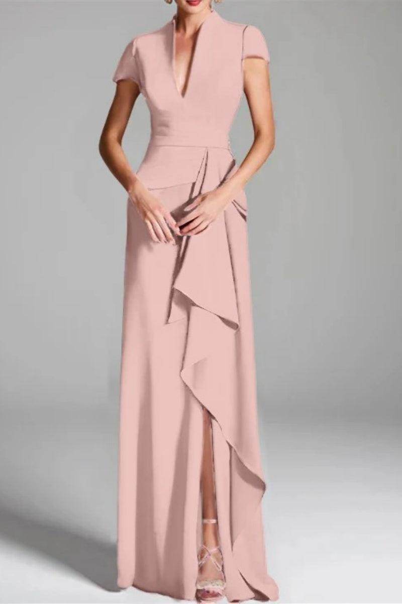 Elegant Sheath Column V Neck Short Sleeves Floor Length Mother of the Bride Dress