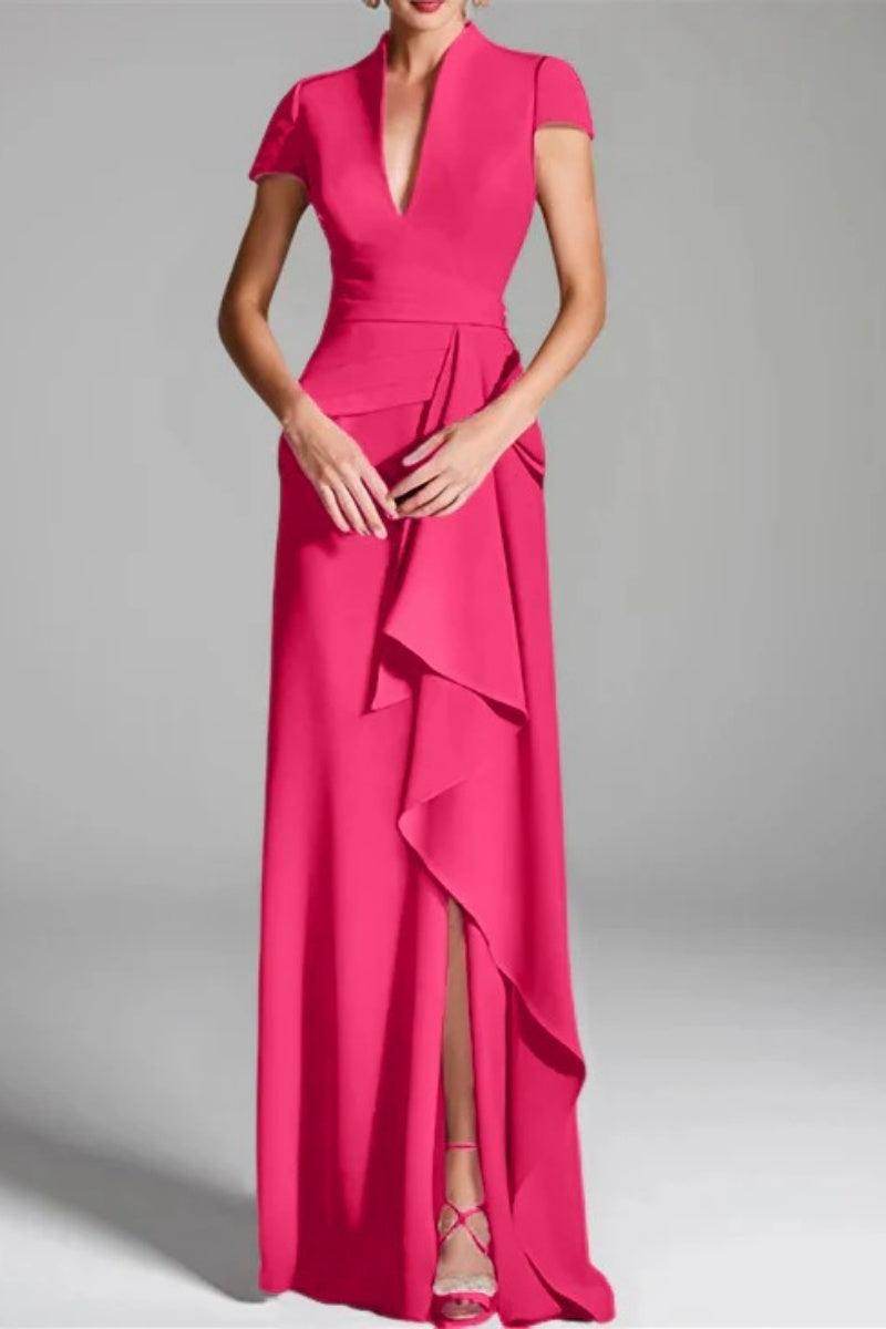 Elegant Sheath Column V Neck Short Sleeves Floor Length Mother of the Bride Dress