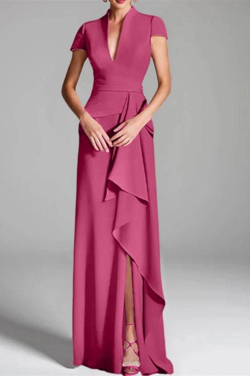 Elegant Sheath Column V Neck Short Sleeves Floor Length Mother of the Bride Dress