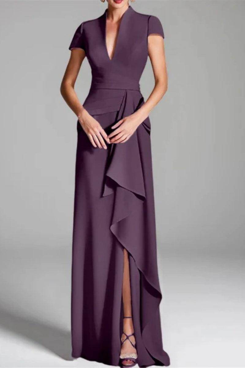 Elegant Sheath Column V Neck Short Sleeves Floor Length Mother of the Bride Dress