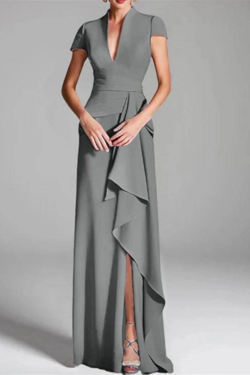 Elegant Sheath Column V Neck Short Sleeves Floor Length Mother of the Bride Dress