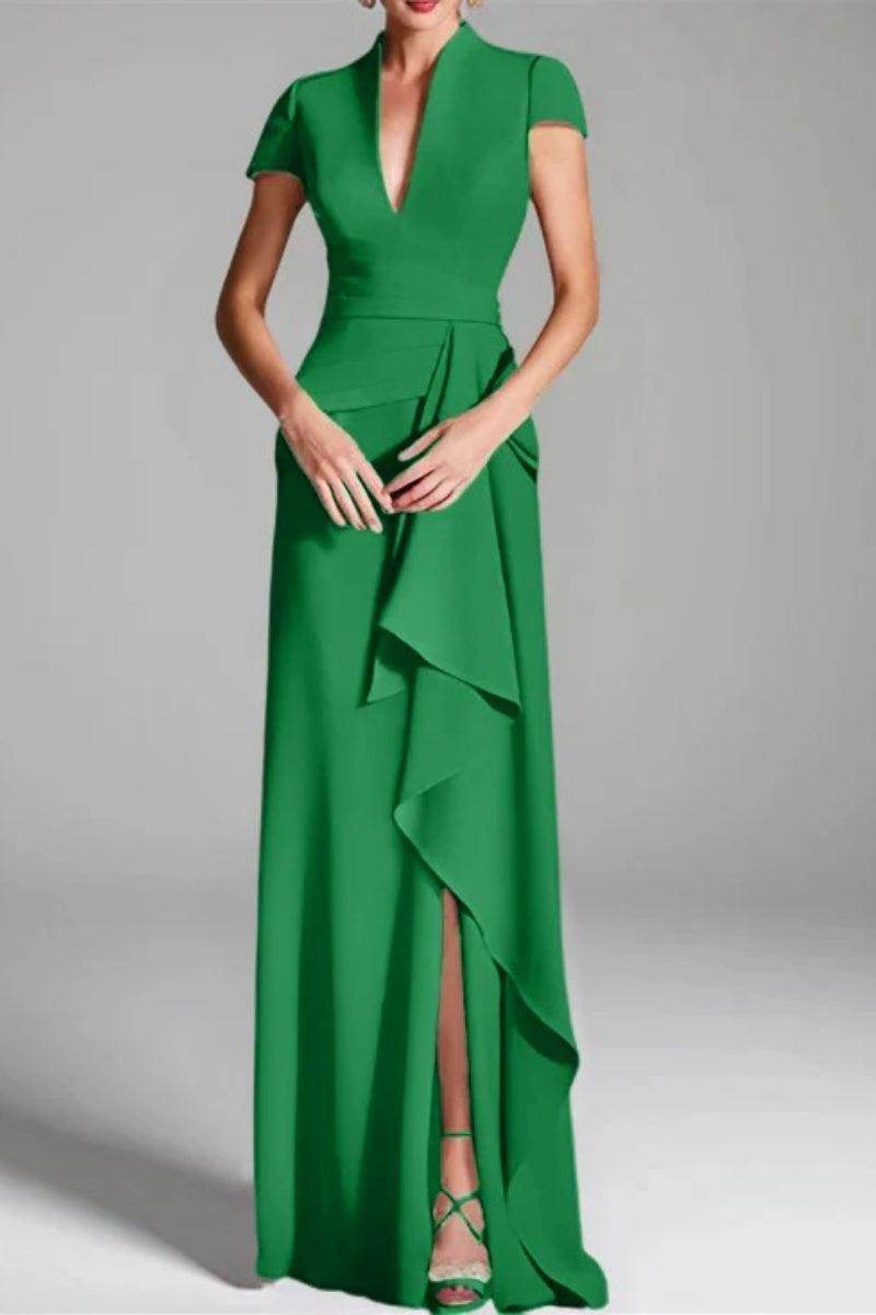 Elegant Sheath Column V Neck Short Sleeves Floor Length Mother of the Bride Dress