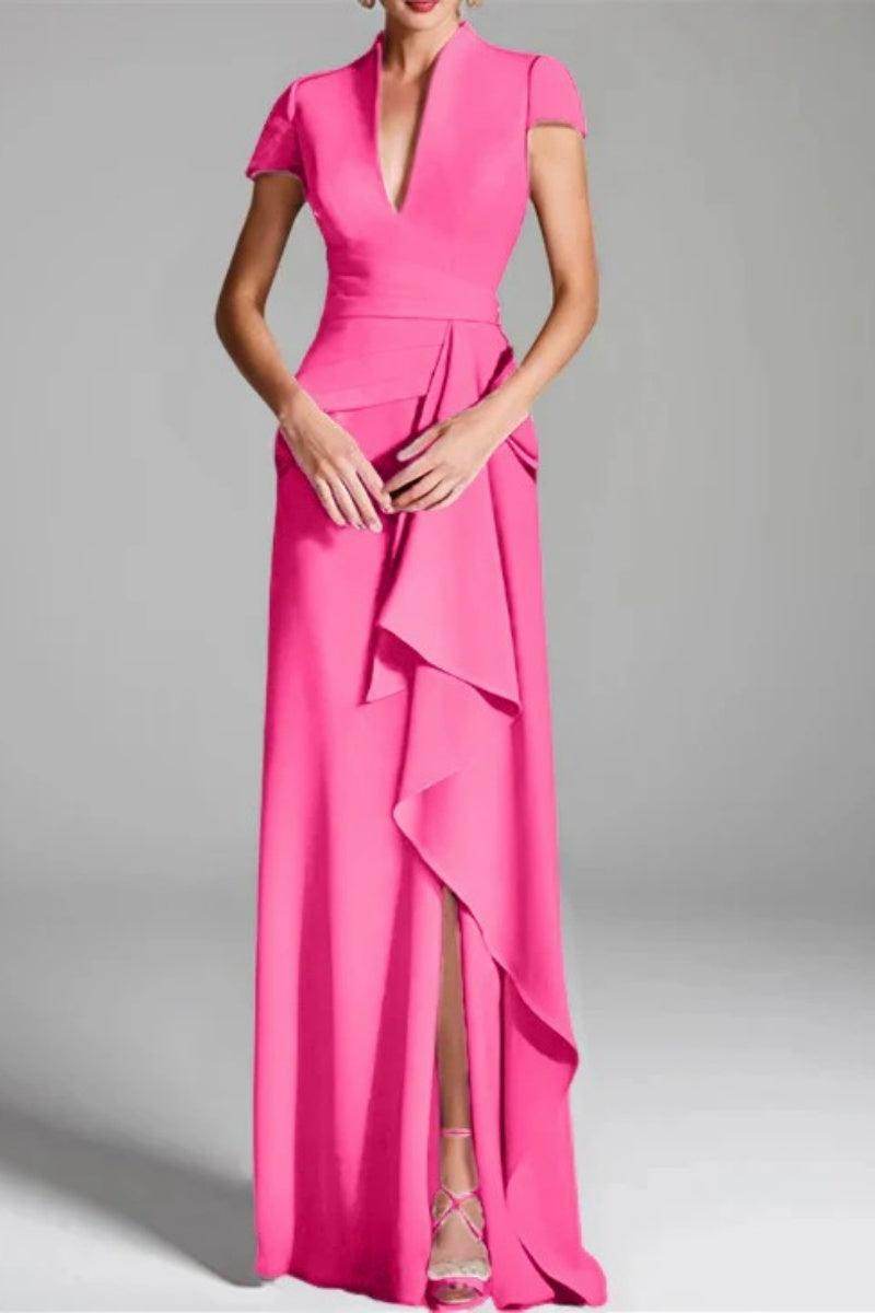 Elegant Sheath Column V Neck Short Sleeves Floor Length Mother of the Bride Dress