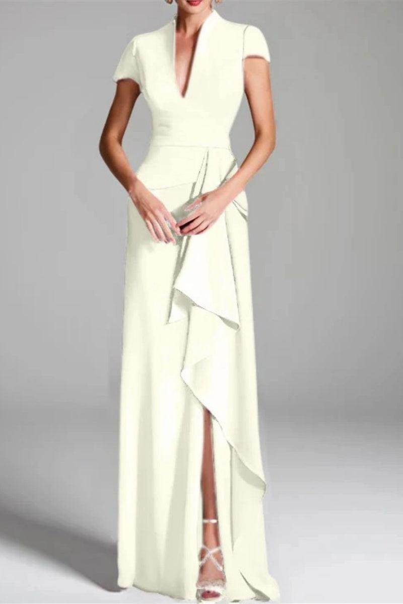 Elegant Sheath Column V Neck Short Sleeves Floor Length Mother of the Bride Dress