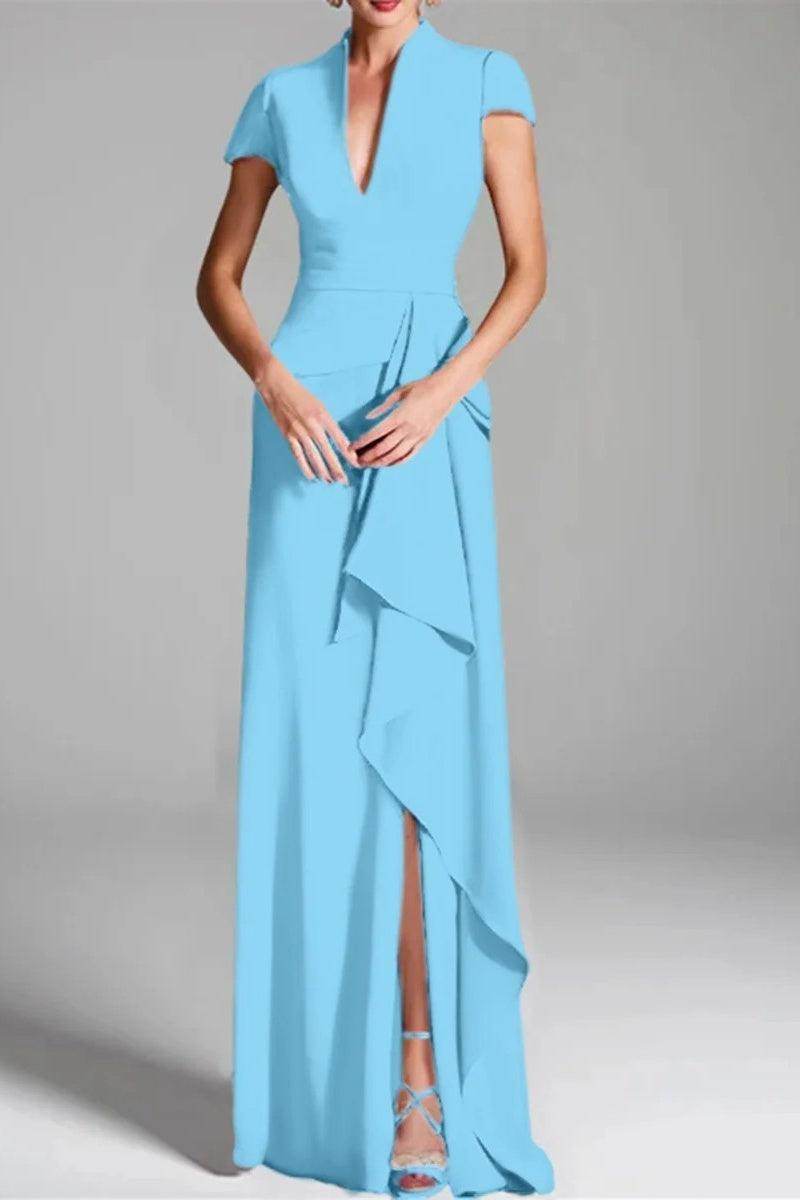 Elegant Sheath Column V Neck Short Sleeves Floor Length Mother of the Bride Dress