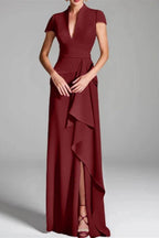 Elegant Sheath Column V Neck Short Sleeves Floor Length Mother of the Bride Dress