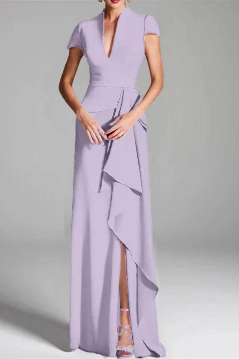Elegant Sheath Column V Neck Short Sleeves Floor Length Mother of the Bride Dress