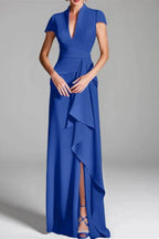 Elegant Sheath Column V Neck Short Sleeves Floor Length Mother of the Bride Dress