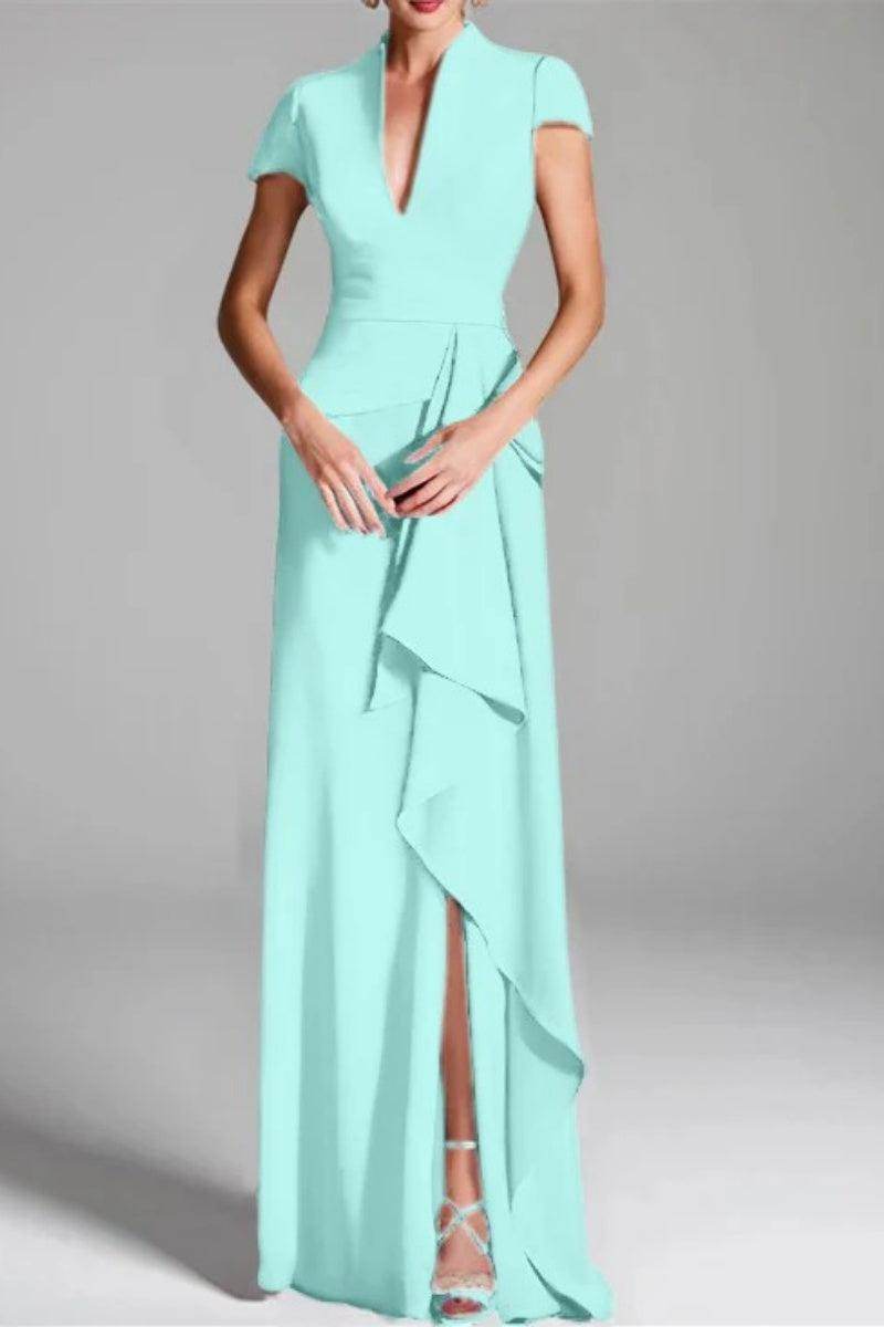 Elegant Sheath Column V Neck Short Sleeves Floor Length Mother of the Bride Dress