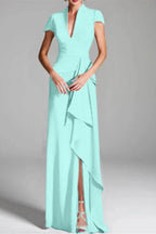 Elegant Sheath Column V Neck Short Sleeves Floor Length Mother of the Bride Dress