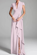 Elegant Sheath Column V Neck Short Sleeves Floor Length Mother of the Bride Dress