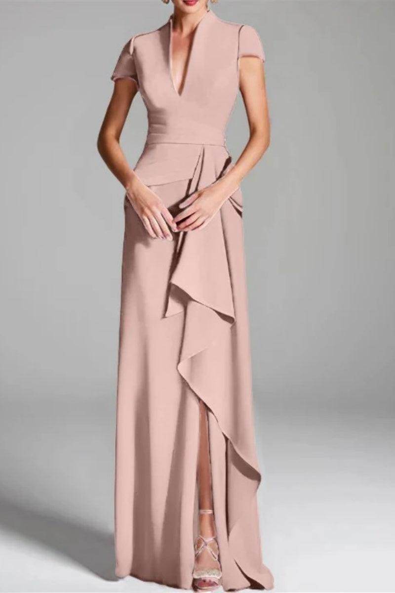 Elegant Sheath Column V Neck Short Sleeves Floor Length Mother of the Bride Dress