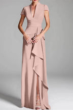 Elegant Sheath Column V Neck Short Sleeves Floor Length Mother of the Bride Dress
