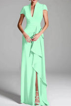 Elegant Sheath Column V Neck Short Sleeves Floor Length Mother of the Bride Dress