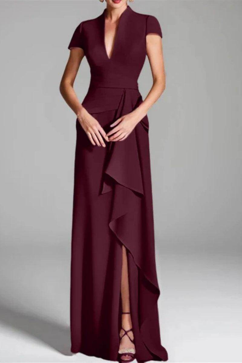 Elegant Sheath Column V Neck Short Sleeves Floor Length Mother of the Bride Dress