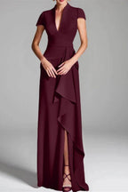 Elegant Sheath Column V Neck Short Sleeves Floor Length Mother of the Bride Dress