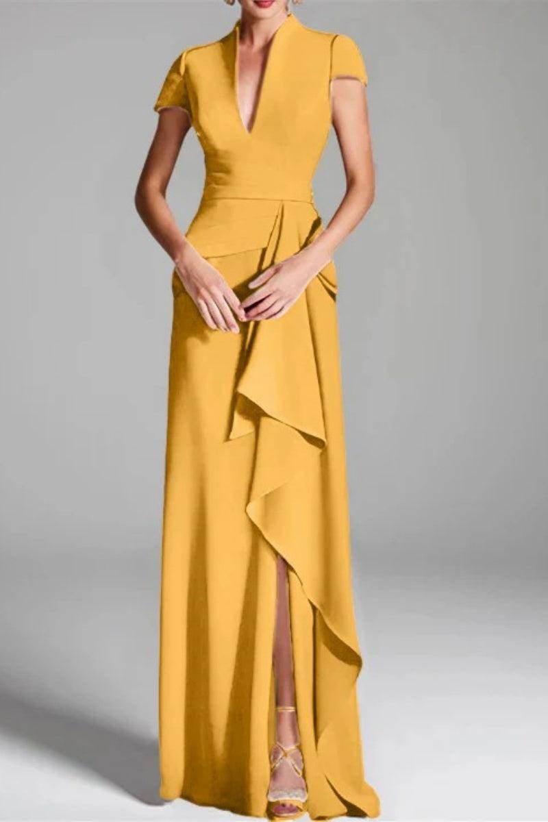 Elegant Sheath Column V Neck Short Sleeves Floor Length Mother of the Bride Dress