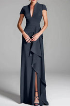 Elegant Sheath Column V Neck Short Sleeves Floor Length Mother of the Bride Dress