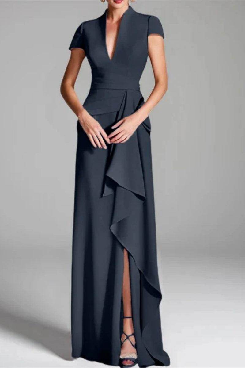 Elegant Sheath Column V Neck Short Sleeves Floor Length Mother of the Bride Dress