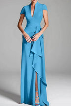 Elegant Sheath Column V Neck Short Sleeves Floor Length Mother of the Bride Dress