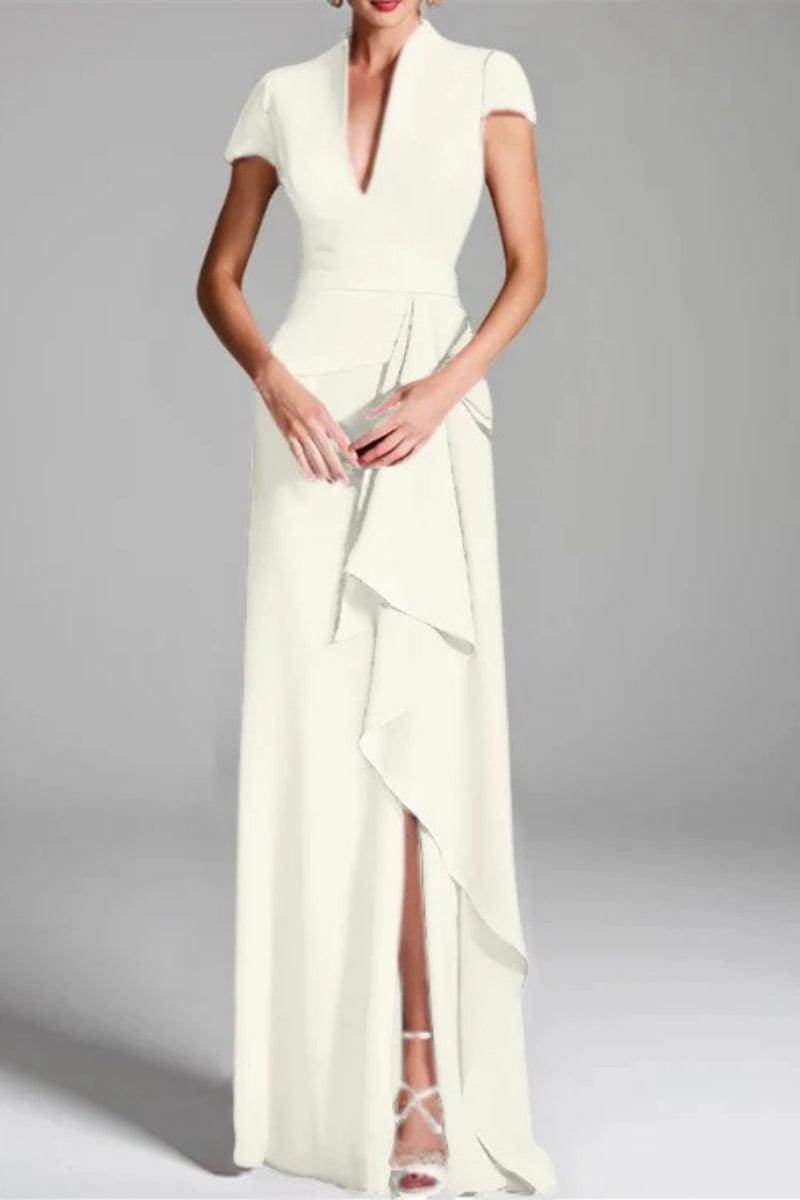 Elegant Sheath Column V Neck Short Sleeves Floor Length Mother of the Bride Dress