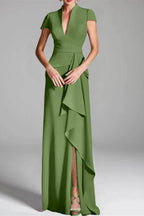 Elegant Sheath Column V Neck Short Sleeves Floor Length Mother of the Bride Dress