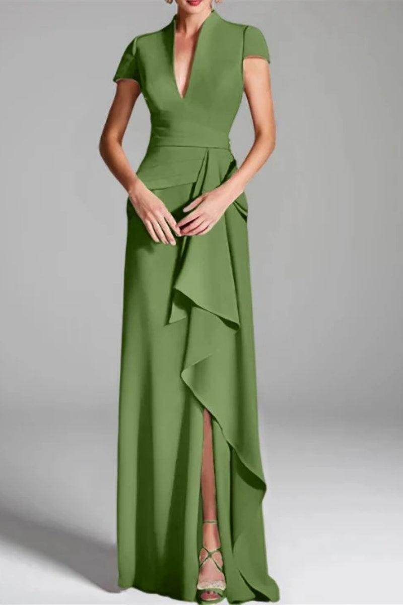 Elegant Sheath Column V Neck Short Sleeves Floor Length Mother of the Bride Dress