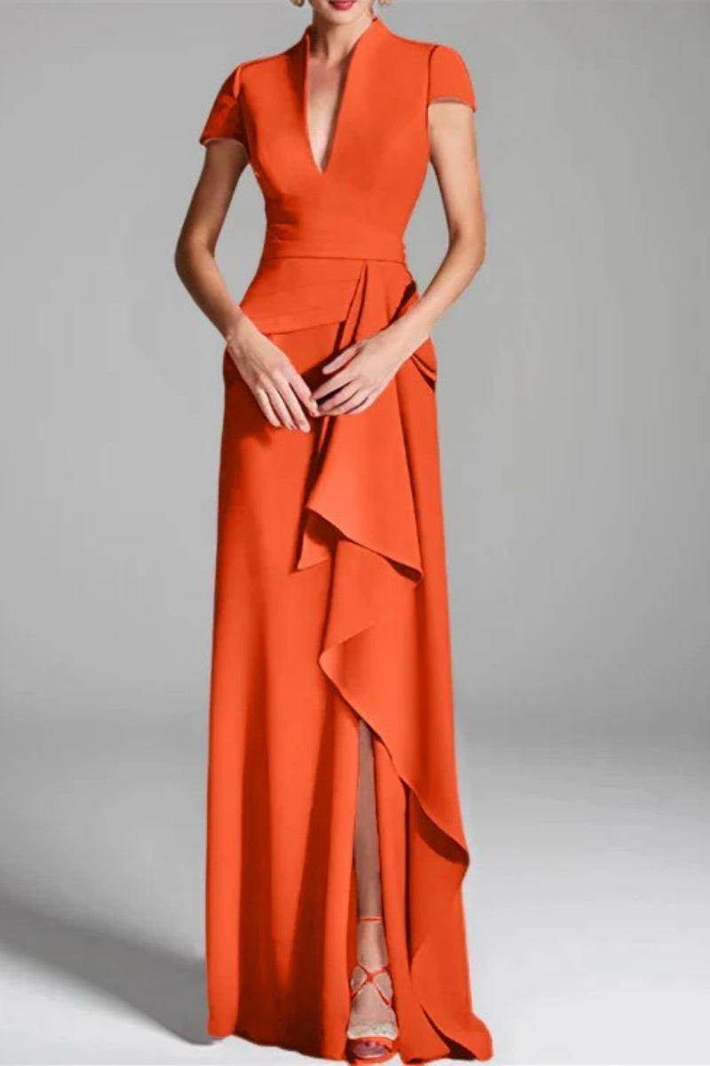 Elegant Sheath Column V Neck Short Sleeves Floor Length Mother of the Bride Dress