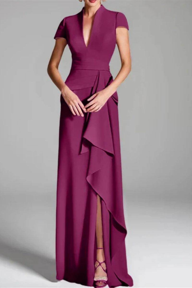 Elegant Sheath Column V Neck Short Sleeves Floor Length Mother of the Bride Dress