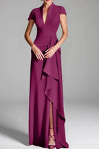 Elegant Sheath Column V Neck Short Sleeves Floor Length Mother of the Bride Dress