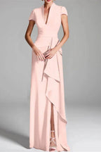 Elegant Sheath Column V Neck Short Sleeves Floor Length Mother of the Bride Dress