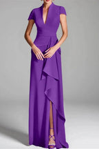 Elegant Sheath Column V Neck Short Sleeves Floor Length Mother of the Bride Dress