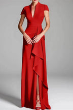 Elegant Sheath Column V Neck Short Sleeves Floor Length Mother of the Bride Dress
