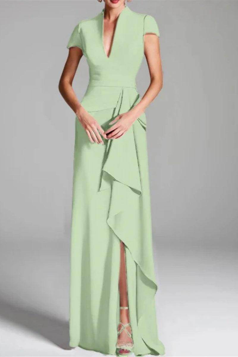 Elegant Sheath Column V Neck Short Sleeves Floor Length Mother of the Bride Dress