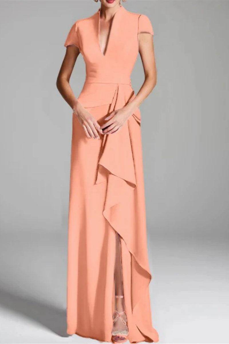 Elegant Sheath Column V Neck Short Sleeves Floor Length Mother of the Bride Dress