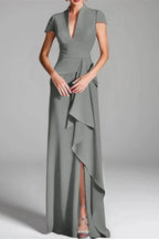 Elegant Sheath Column V Neck Short Sleeves Floor Length Mother of the Bride Dress