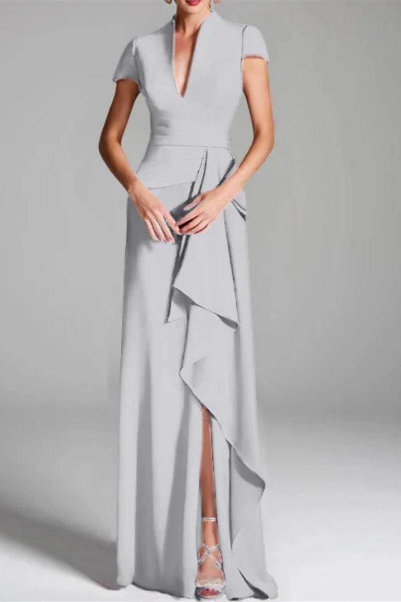 Elegant Sheath Column V Neck Short Sleeves Floor Length Mother of the Bride Dress
