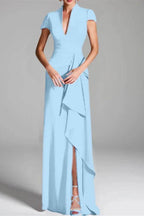 Elegant Sheath Column V Neck Short Sleeves Floor Length Mother of the Bride Dress