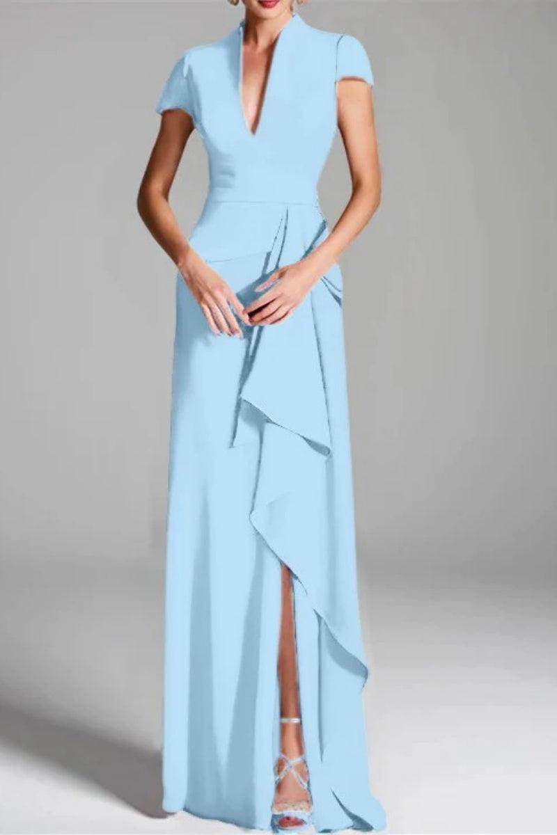Elegant Sheath Column V Neck Short Sleeves Floor Length Mother of the Bride Dress