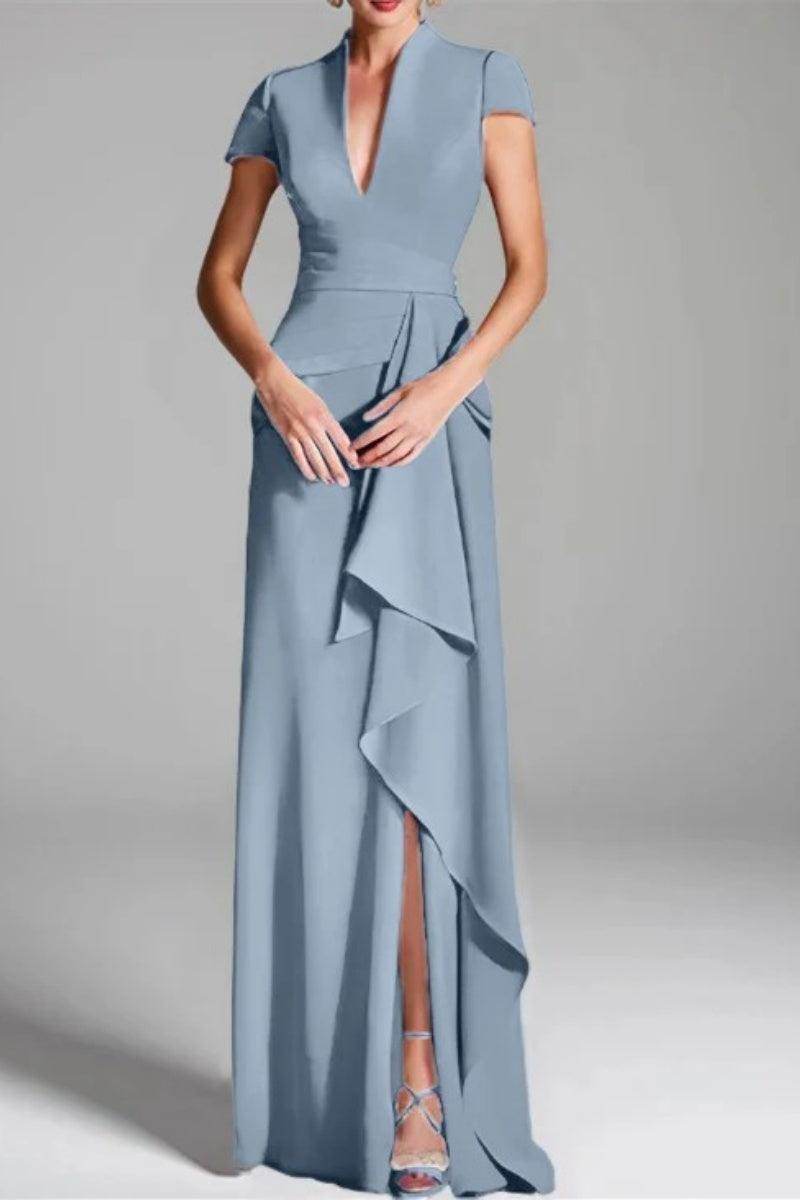 Elegant Sheath Column V Neck Short Sleeves Floor Length Mother of the Bride Dress