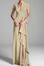 Elegant Sheath Column V Neck Short Sleeves Floor Length Mother of the Bride Dress
