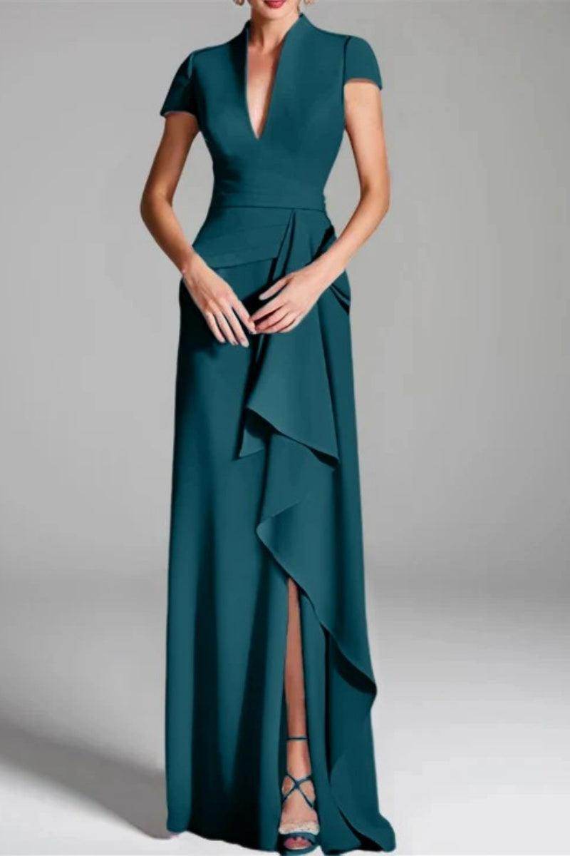 Elegant Sheath Column V Neck Short Sleeves Floor Length Mother of the Bride Dress